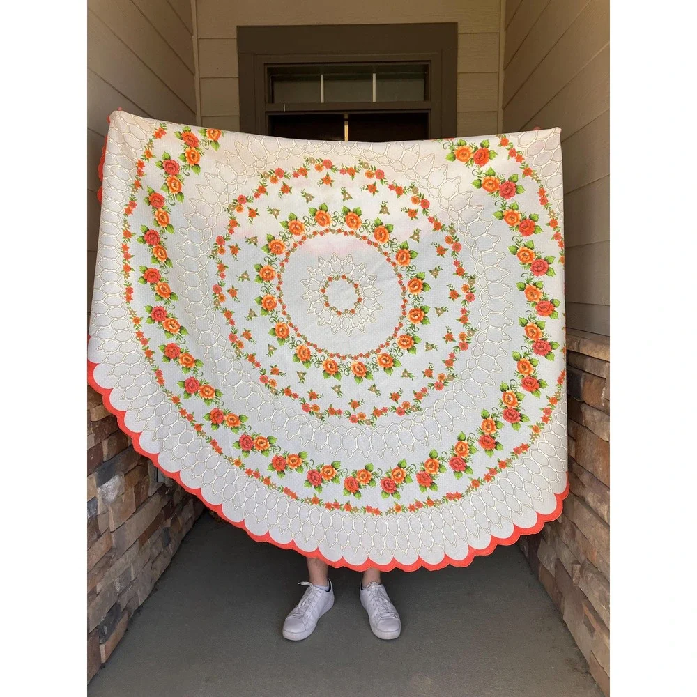 Vintage Mid Century Round Tablecloth Scalloped Edge Orange Red Roses, MCM Fall